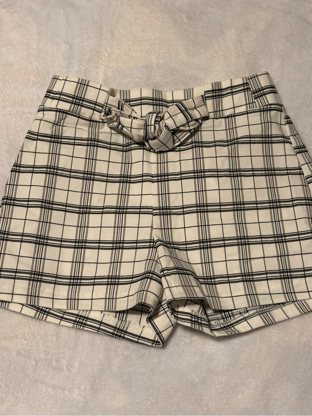 Papaya Cream and Black Plaid Tie-Belt Shorts